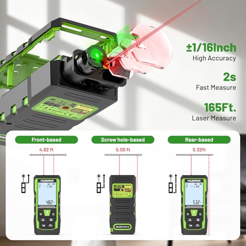 Image of Laser Measuring Tool 3-in-1, Huepar 165 Ft Laser Measure & 33 Ft Green Cross Line Laser Level & 6.5 Ft Tape Measure, Rechargeable, Voice Broadcast, Multi-Mode, Rugged for Construction&Home Use, SW-T50