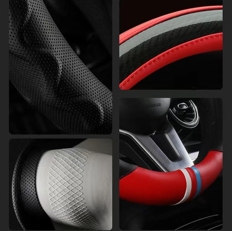 Bus Steering Wheel Cover Universal with Grip Contours forTruck, Big Rig Trucker,SUV, Cargo Carbon Fiber Anti-Slip Breathable Durable Leather Automotive Interior Accessorie (Red, 15.5-16)