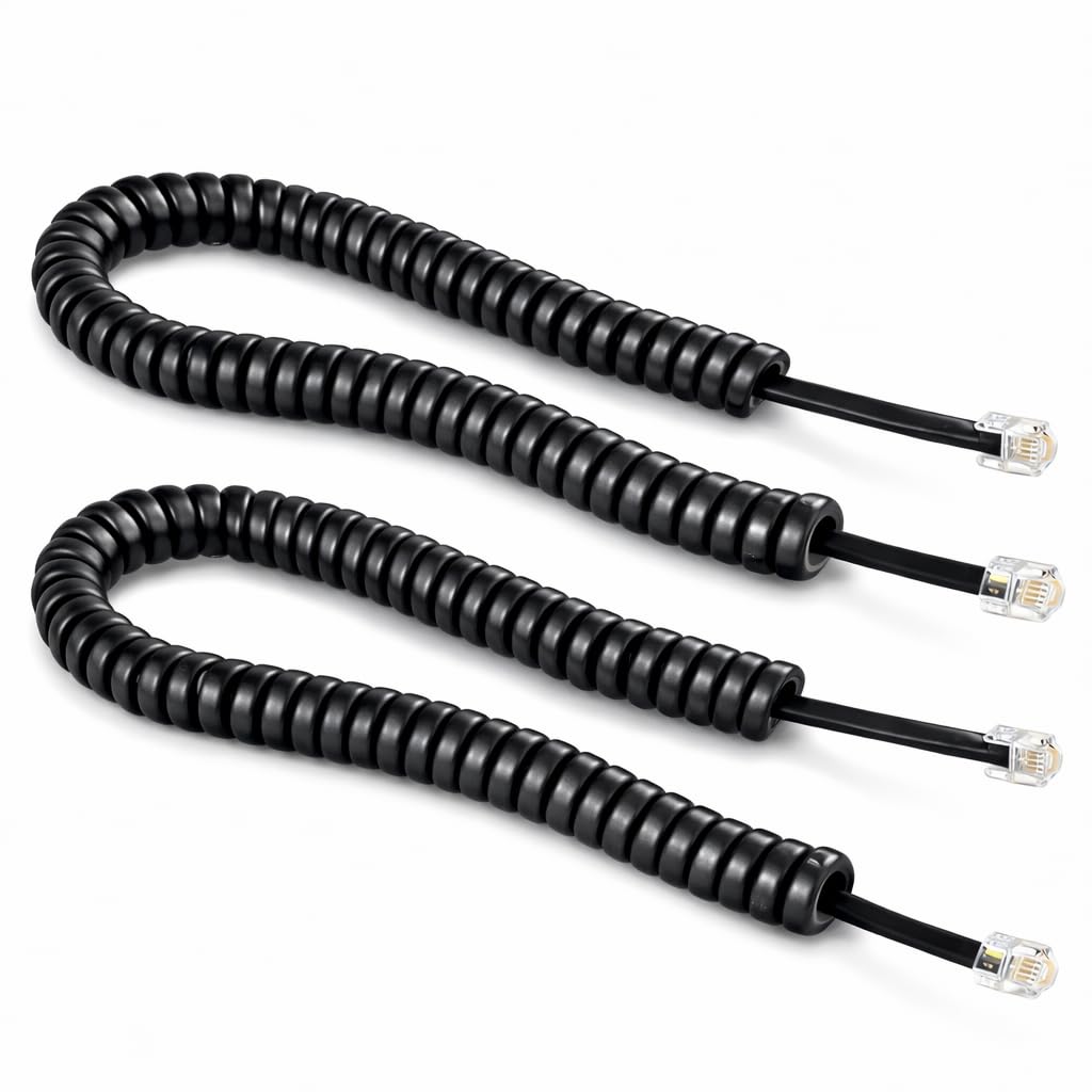 Telephone Handset Cord 2-Pack, Coiled Phone Cable 2M (6 feet) Stretch, Black Spiral Landline Cord Compatible with IP & Desk Phones- Black