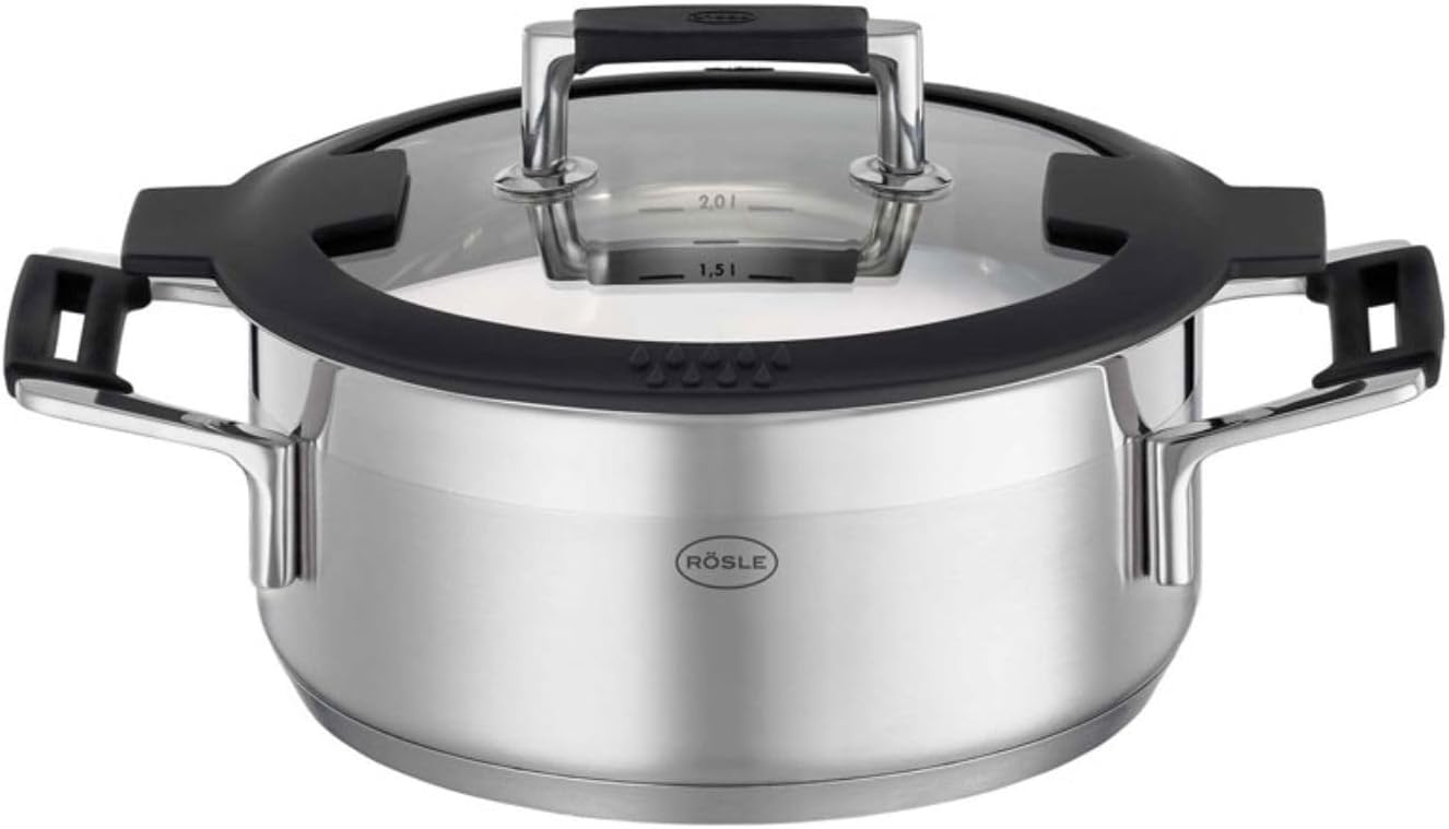 RÖSLE Silence Pro Serving Pan, Pan with Scratch-Resistant Premium Non-Stick Coating, ProResist, Silicone Handles, 28 cm, 18/10 Stainless Steel, Suitable for Induction, Dishwasher Safe, Silver/Black