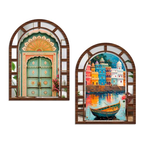 Image of Artvibes Lakeside Palace Theme Home Wall Decor | Jharokha Mirror Wall Hanging for Living Room, Bedroom, Hall, Dining Area, Foyer & Office | Gift (WHJ 12057N), Set of 2