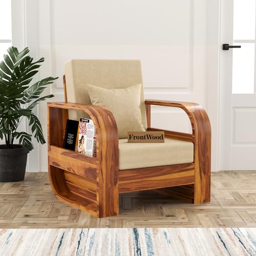 Image of Sheesham Wood 1 Seater Sofa Set for Living Room Home Office Solid Wood Sofa Set Furniture Wooden Single Seater Sofa Set (Honey,Cream)