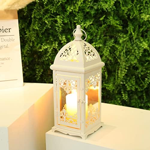 JHY DESIGN Glass Candle Lanterns, 38cm High Metal Candle Holders Vintage Hanging Lantern-Decorative Windlight Ornaments for Garden Balcony Indoor Outdoor Party Wedding Living Room Home Patio(Cream)