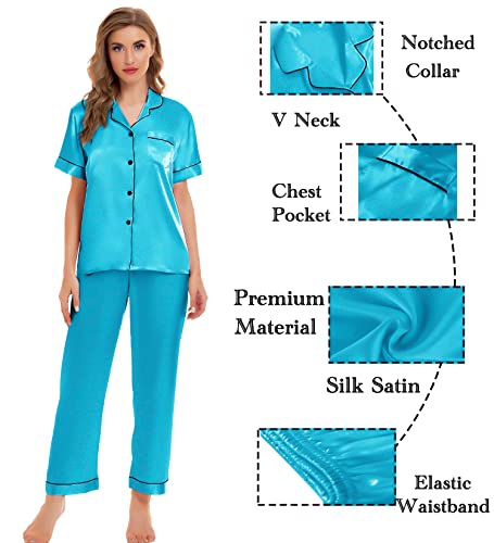 Image of SWOMOG Womens Silk Satin Pajamas Sets 4pcs Sleepwear Sexy Cami Shorts Set and Button Down Short Sleeve Pjs Loungewear Light Blue XX-Large