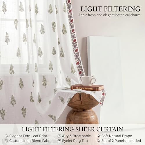 Image of LINENWALAS Decorative Cotton Linen Sheer Curtains 7 Feet for Door -Block Printed Door Curtain | Grommet Hanging Style Pack of 2 Panels |Light Filtering Sheer Drapes (Fern)