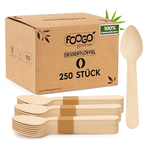 FOOGO Green Einwegbesteck Holz 250-teilig – 11 cm Dessertlöffel aus Birkenholz – Nachhaltige Holzlöffel kompostierbar & biologisch abbaubar – Umweltfreundliches Holzbesteck für Party & Picknick