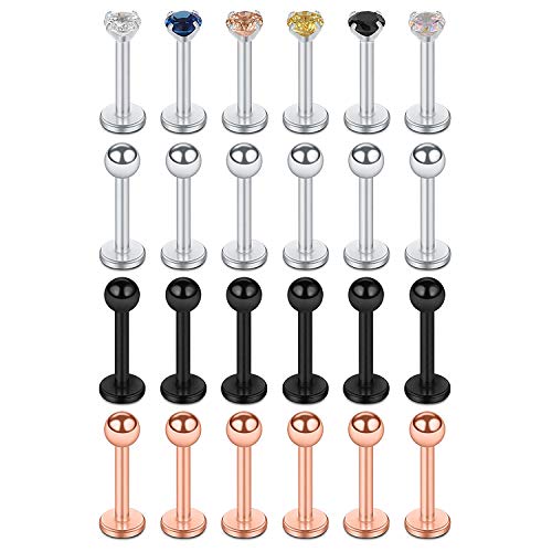 Ruifan 24PCS 16G 316L Stainless Steel 3mm CZ Labret Monroe Lip Ring Tragus Helix Cartilage Earring Stud Barbell 6mm Bar Length Body Piercing Jewelry