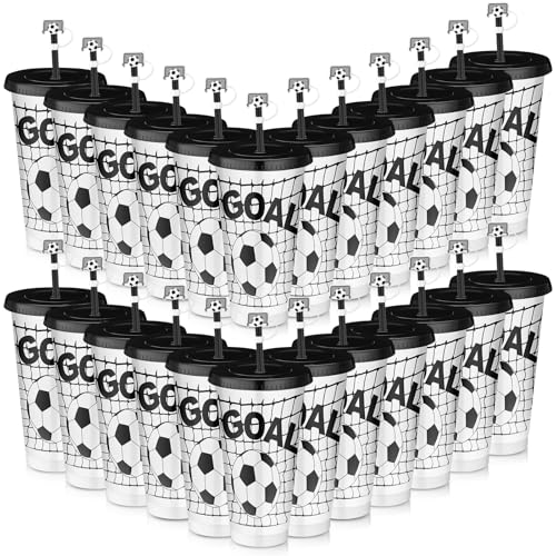 Domensi 24 Pcs Plastic Tumbler with Lid and Straw 24oz Reusable Plastic Cups with Straw Cover Caps Gifts for Fan Friend Guest Birthday Office Sport Party Supplies (Black White Soccer)