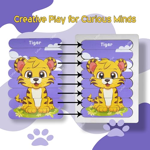 Image of Lefan 5 in1 Animal Puzzle Sticks for Kids - 5 Wooden Animal Puzzles with Tray Educational Montessori Toy for Toddlers Tiger Zebra Elephant Giraffe Lion Puzzle Set 2 3 4 5 6 7 Year Gift for Toddlers