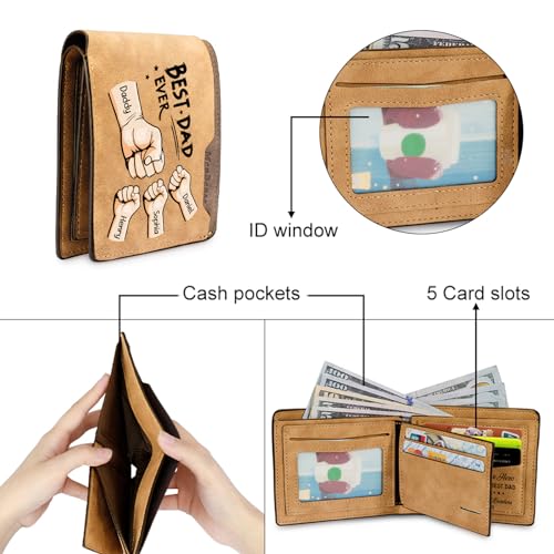 Custom Leather Name Wallet for Dad - Personalised Best Dad Gift - Father's Day Gifts for Daddy Husband (browm-4 name)4