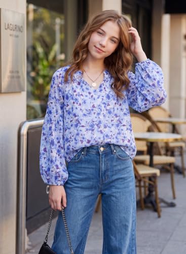 Image of blibean Girls Flower Bell Long Sleeve Blouse Fall Floral Shirts 4-15 Years