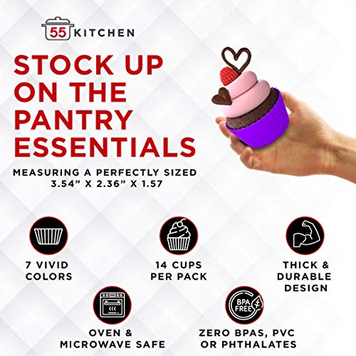 55Kitchen Silicone Cupcake Baking Cups (Pack Of 14) - Large Reusable 100% Silicone Baking Cups In 7 Colors - Non-Stick Easy Clean Silicone Cups For Delicious Baking - Bpa-Free Silicone Bakeware #TOP5