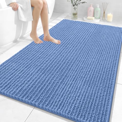 Image of OLANLY Bathroom Rug Mat 59x35, Thick Soft and Absorbent Chenille Bath Mat, Non-Slip Rubber Backing, Machine Washable Quick Dry Bath Rugs for Tub Shower Floor, Home Decor Accessories, Cornflower Blue