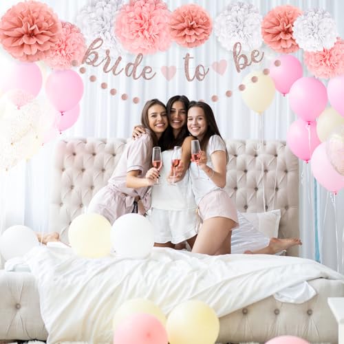 Image of NISOCY Bachelorette Party Decoration, Pink Bridal Shower Decoration Bride to Be Sign Banner with Fringe Party Curtains and Honeycomb Balls for Fall Wedding Bridal Shower Party Decorations