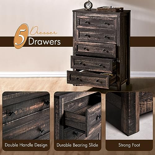 image for VanAcc 5 Drawers Dresser for Bedroom, Tall Chest of Drawers with Vinta