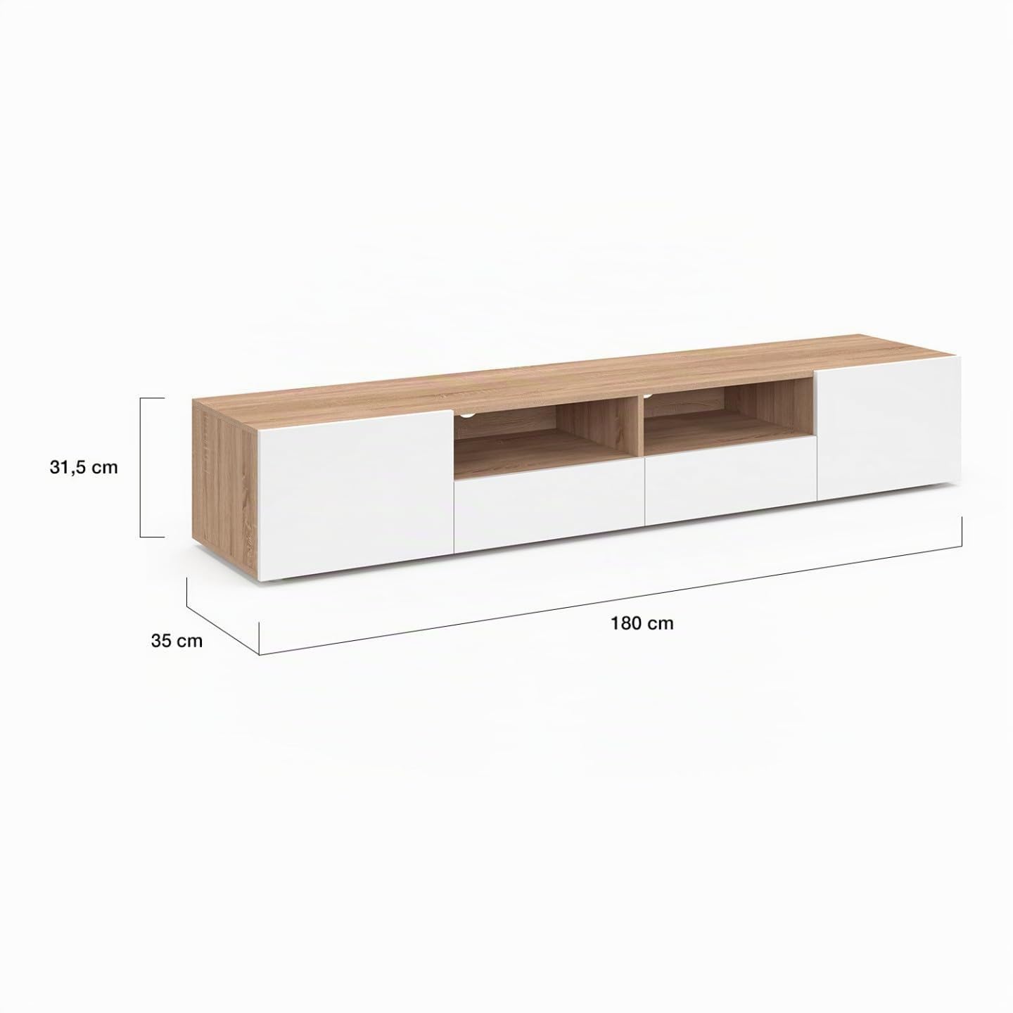 IDMarket - Mueble de TV 180 cm ELI Madera imitación de haya Puertas Blancas