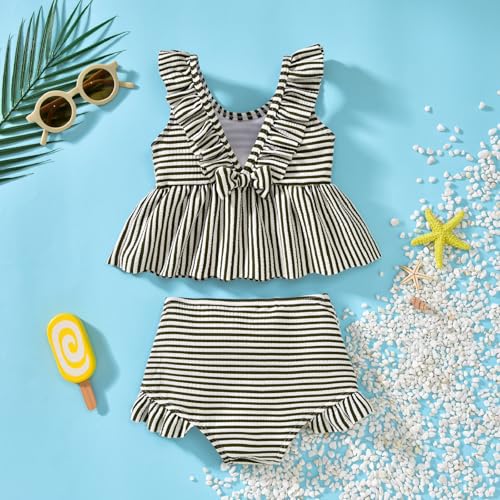 YWFSHOP Baby Girl Swimsuit Back Bow Striped Bikini Toddler Girls Two Piece Summer Beach Bathing Suit 6M-5T Dark Green — view 2