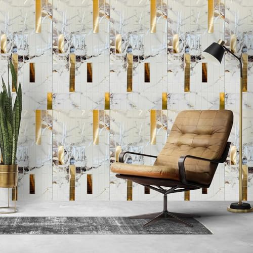 Image of WrapWall 3D Wallpaper Self Adhesive Foam Pack of 8 (60x30 cm) | Waterproof Brick Design Wallpaper |Peel & Stick DIY Wall Decor for Living Room Bedroom Kitchen (8, Gold Mosaic)