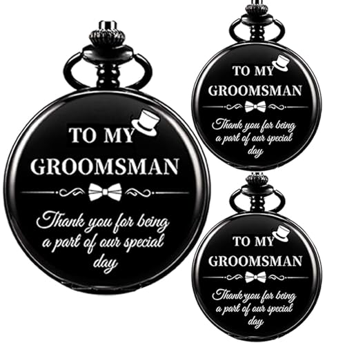 Afcrho Groomsmen Gifts Set of 3 Wedding Engraved Pocket Watch Best Man Roman Numerals Quartz Pocket Watch Wedding with Chain