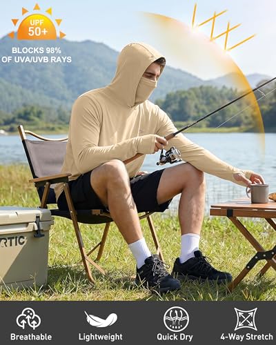 Image of FISHEAL Men's Performance Fishing Hoodie Shirt - UPF 50+ UV Sun Protection Long Sleeve Shirts with Mesh Face Mask