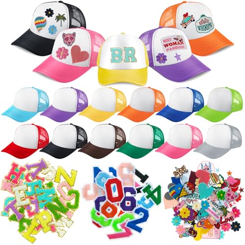 Hercicy 12 DIY Trucker Hats Kit Sublimation Blank Baseball Caps with 120 pcs Embroidered Patches DIY Craft for Party(Cute Multicolor)