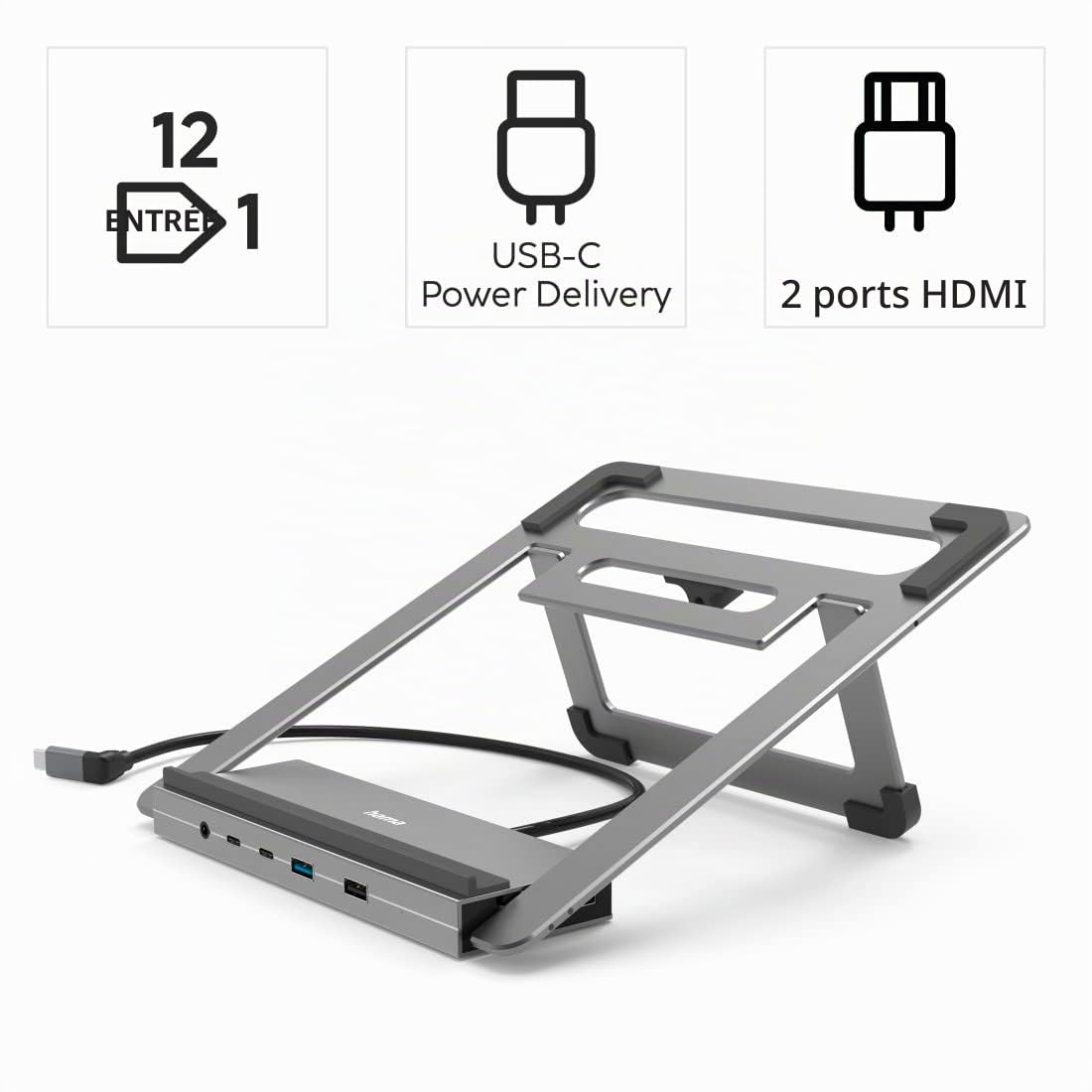 Hama Station d'accueil USB-C 100W Support PC Portable, 12 Ports, Gris | Hub USB C Aluminium, Inclinable, 2x HDMI 4K, 1x DisplayPort 1x Ethernet RJ45 4xUSB-A 3xUSB-C, 1x Audio Jack