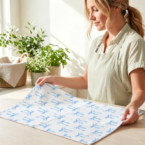 Image of Hanamiya Na 2 Pcs Coquette Bow Hand Towels 24x14 Inch, Cute Preppy Decorative Bath Dish Towel Waffle Weave Hand Cloth Tea Towel for Home Kitchen Bathroom Decor (Blue)