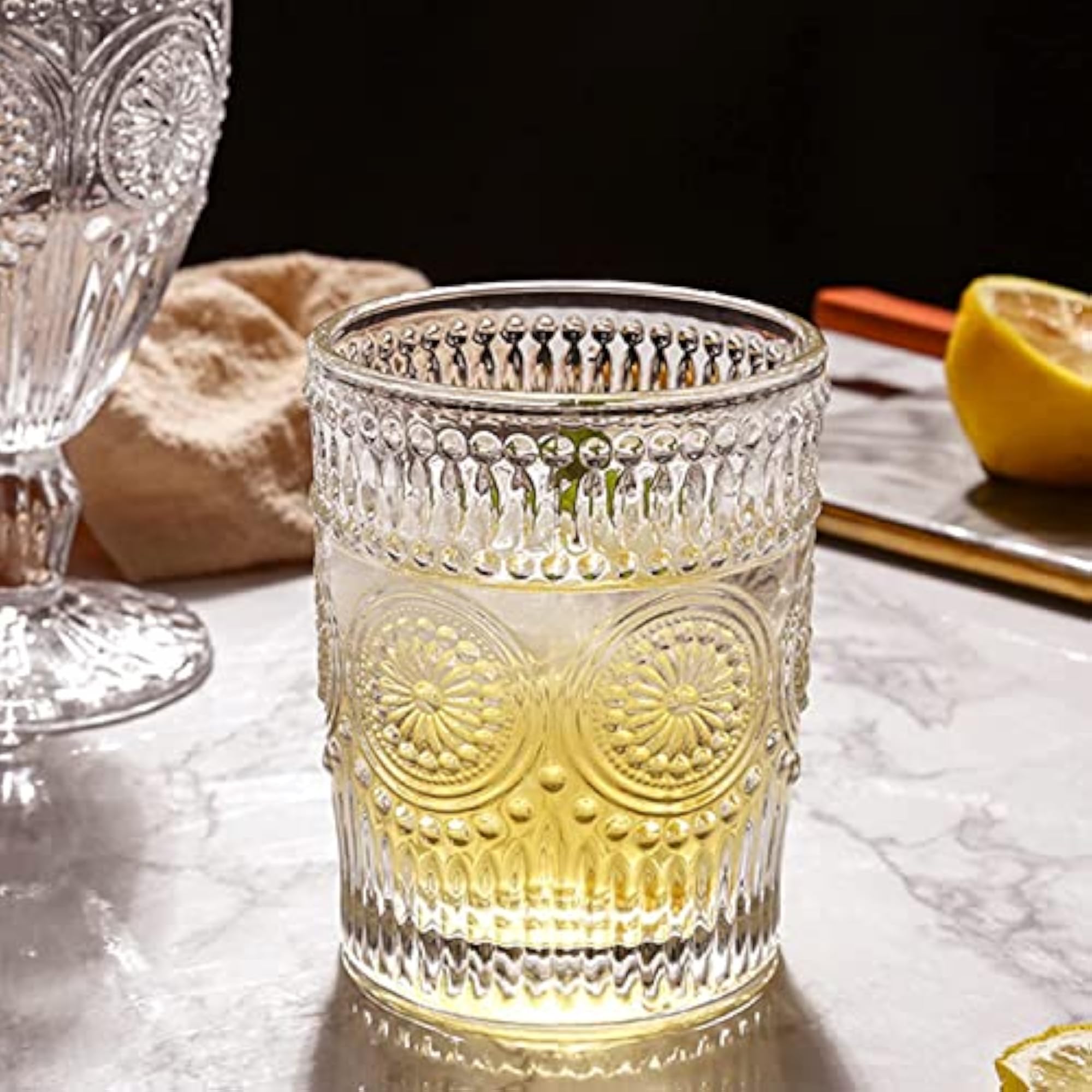 Vintage Embossed Glass Tumbler with Sunflower Pattern