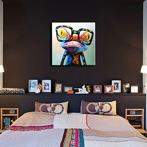 IPLST@ Handmade Funny Frog with Glasses Cartoon Animal Oil Painting on Canvas,Modern Wall Canvas Art Decoration (No frame,without stretcher)