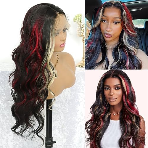 MACA BAKA Highlight Blonde Red Black Long Wavy Synthetic Lace Front Wigs
