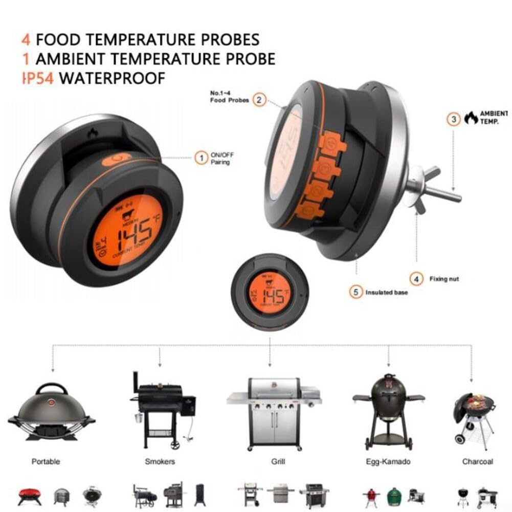 Termómetro digital inteligente para barbacoa con conexión inalámbrica de largo alcance y 4 sondas para horno a la parrilla, control remoto de aplicación de acero inoxidable (termómetro+4 sondas)