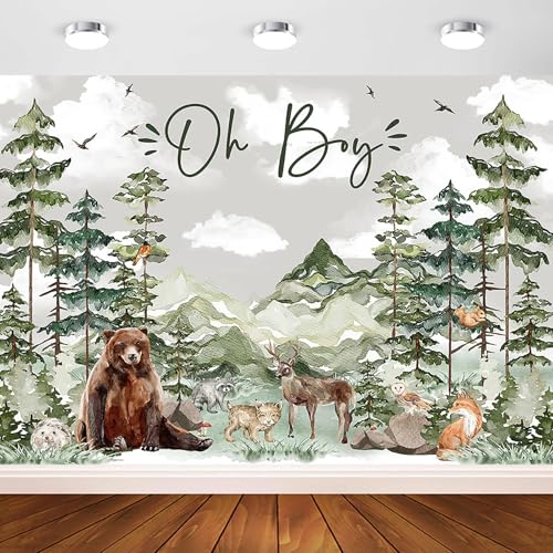 Image of Avezano Oh Boy Backdrop Forest Adventure Baby Shower Photography Background Mountain Wilderness Woodland Baby Shower Decorations Watercolor Greenery Forest Party Photoshoot Banner (10 x 7 ft)