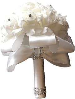 Artificial Wedding Bouquet Silk Roses Bridal Toss Bouquet for Ceremony Anniversary Engagement Prom Party Decor 7.09x9.45 inch- White