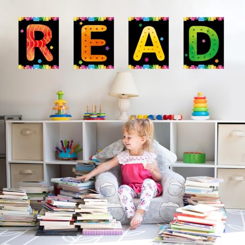 Image of COCHIE Reading Posters for Classroom Decorations, Library Reading Corner Decor, Read Signs Poster Bulletin Board Set of 4, Pre-k Preschool Kindergarten Classroom Wall Decoration (Black)