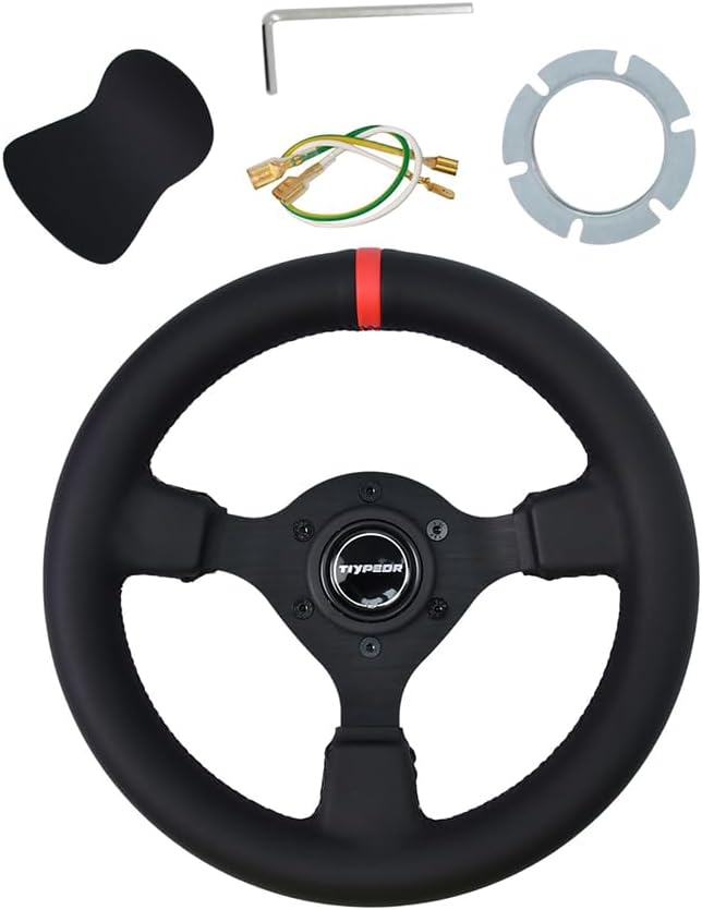 Racing Steering Wheel 280mm Microfiber Leather Black Red Joint Included Compatible with Drift/Modified Cars