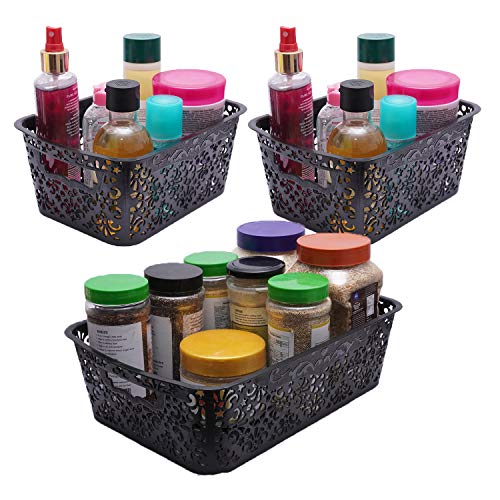 Image of Cutting Edge Essentials Plastic Storage Baskets /Shelf /Turkish Rack without Lid - Set of 3 for Fruit Vegetable Bathroom Stationary Home Basket with Handle (Black, 1 Medium, 2 Small)