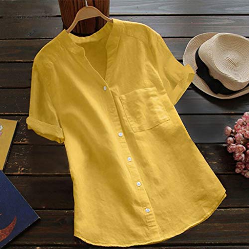 Blusa de mostaza para mujer, camiseta corta de lino, algodón para mujer, blusa de plumón, manga informal, blusa para mujer, blusa con purpurina, amarillo, XL