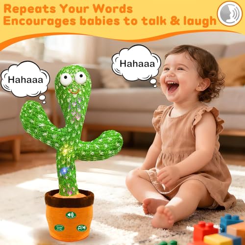 Image of Hunfur (Updated Volume Adjustment) Dancing Mimicking Talking Cactus Toy,Funny Gift for Toddler 1 2 3 Year Old Boy Girl,Singing Record Repeat What You Say Light Up Baby Infant Toys 6-12 12-18 Months