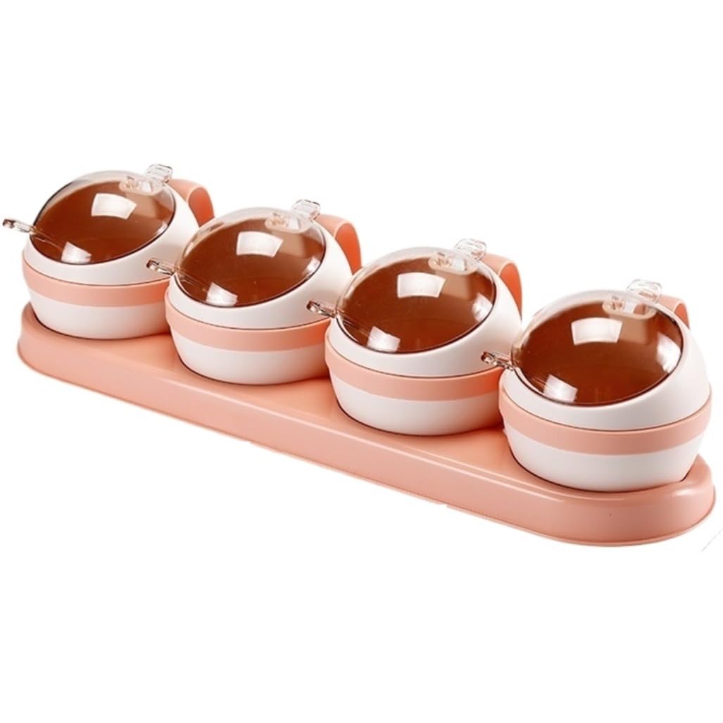 SAeWare Tarro de condimentos, contenedor de especias de plástico, juego de frascos de especias con tapa para cucharas, encimera de cocina, color rosa, 4 piezas