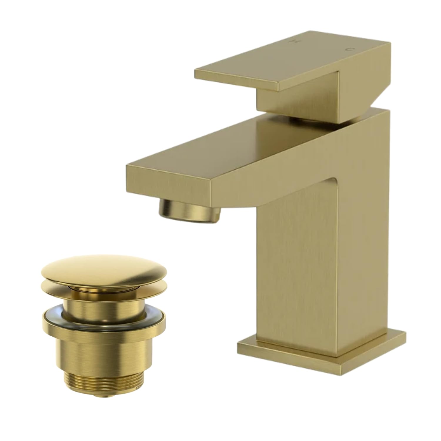 Architeckt® Ibbardo Bathroom Cloakroom Mini Basin Sink Mixer Tap and Waste Set Deck Mounted Square Single Lever Handle Modern, Brushed Brass