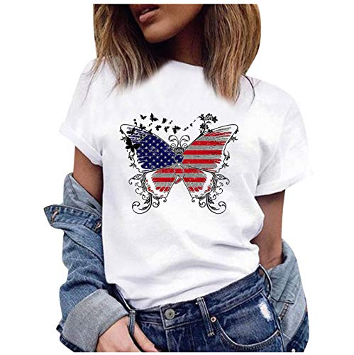 fine_fine Women's Tops Summer Casual Short Sleeve Stars and Stripes Printd Round Neck All-Match Blouses
