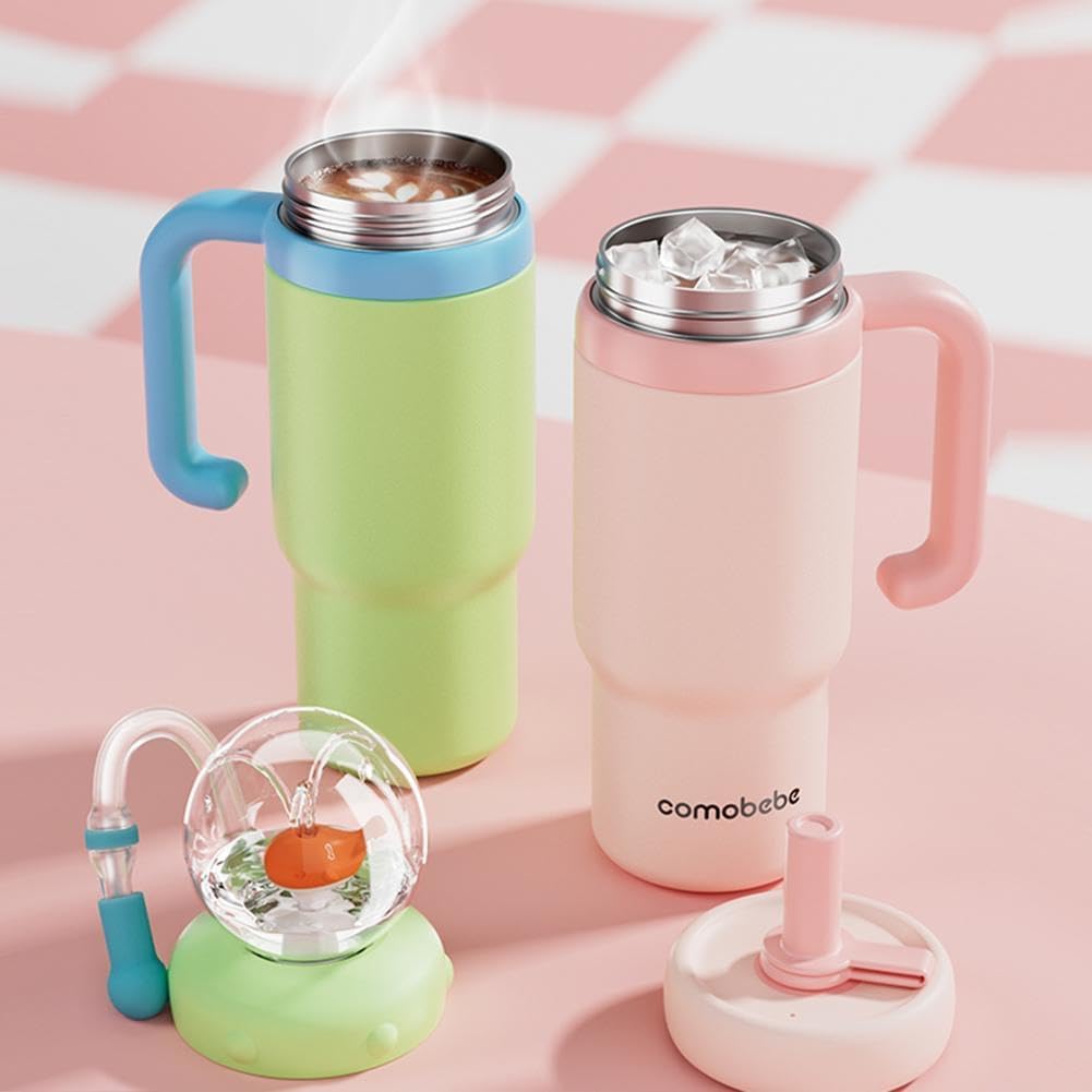 24oz Stainless Steel Water Bottle, Whale Fountain Tumbler with Handle, Two Lids, Spill-Proof Tumblers, 710ml Drinking Cup with Whale Squirt, Multiple Seals to Prevent Leaks (Pink) - Image 4