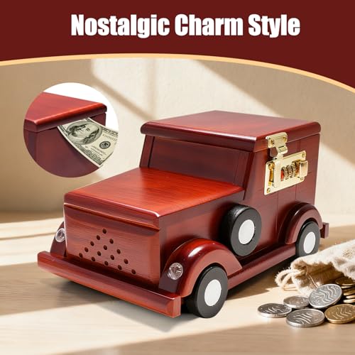 Image of Solid Wood Car Model Piggy Bank Saving Box 9.45''L | Dual Currency Storage | Password Lock Design |Vehicle Collection Desk Cabinet Office Home Decor | Creative Gift Collectible