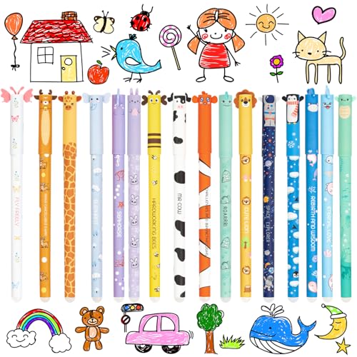 Kanzith Gelstifte Radierbar 16 er Set Radierbare Stifte mit Tiermotiven Motiven Radierbarer Kugelschreiber mit Farbtinte 0.7 mm Spitze Radierbaren Gelstifte als Schulanfangsgeschenk