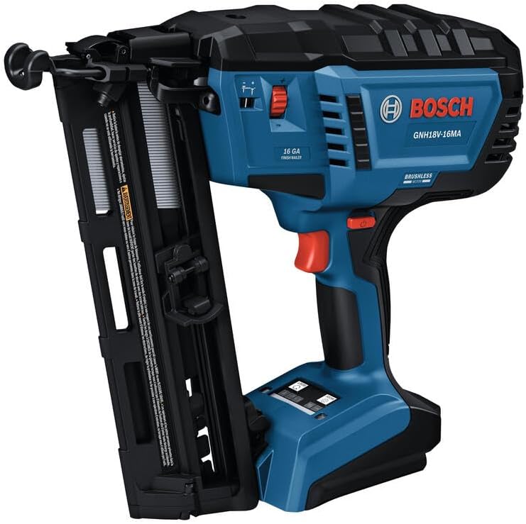 BOSCH GNH18V-16MAN 18V Brushless 16-Gauge Angled Finish Nailer - Fastens up to 1,600 Nails per Charge, One-Handed Activation, Tool-Free Jam Clearing, Belt Hook (Bare Tool)