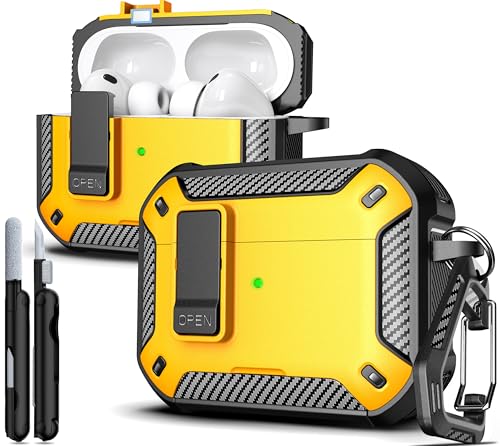 R-fun AirPods Pro 3�p�P�[�X�i�N���[�j���O�L�b�g�t���j�A�J�[�{���t�@�C�o�[���~���^���[�d�l�̗����h�~�I�[�g�|�b�v�A�b�v�J�o�[�A�X�}�z�X�^���h�A�J���r�i�t�b�N�t���}�O�l�b�g�x�[�X�AAirPods Pro 3�Ή��A�C�G���[