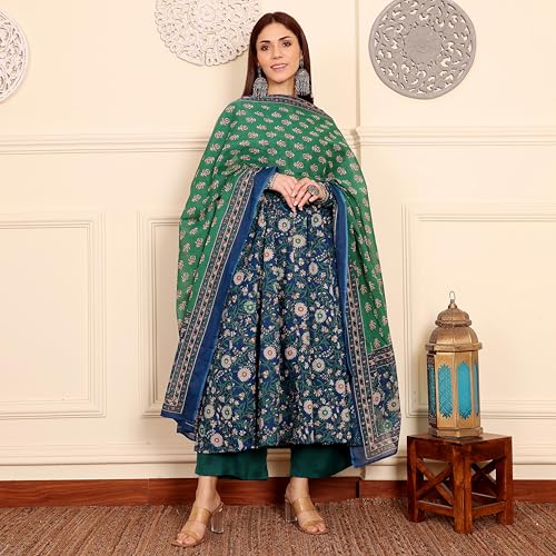 Image of ANNI Designer | Rayon Anarkali Printed Kurta with Pant & Dupatta | Women's Kurta Set with Dupatta Ethnic Suit | Cotton Anarkali Style Kurti Set