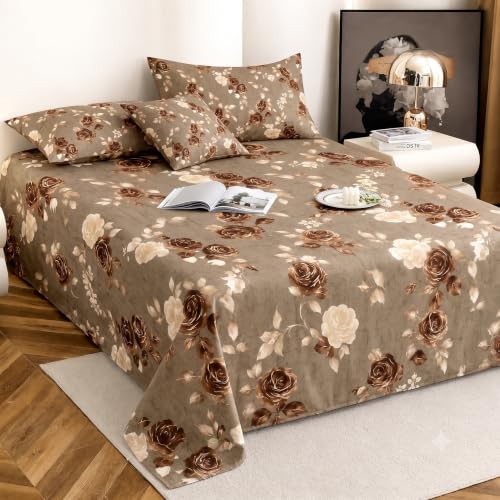 Image of IVAZA 240 TC Soft Ezyption Cotton Floral Print King Size Bedsheet - with 2 Pillow Covers, Hypoallergenic, Brethable, (Size- 90 x 90 Inch) Chocolate Brown