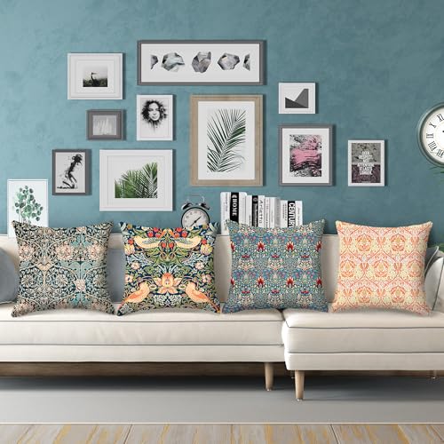 HOSTECCO Kissenbezug 45x45 Mit Blumenmuster 4er Set Kissenbezüge mit William Morris Muster Doppelseitig Bedruckt Dekorative Kissenbezüge