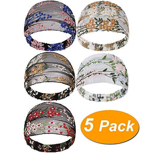 LONEEDY 5 Pack Wide Headband for Women Elastic Head Wrap Hair Band, Fashion Sequin Turban Stretch Hair Accessories (Flowers)